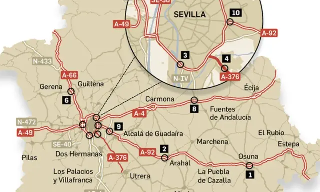 Mapa de radares en Sevilla y alrededores. Indica ubicaciones de controles de velocidad en carreteras como la A-4, A-92 y SE-40.