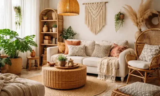 Przytulny salon w stylu boho. Wygodna sofa, wiklinowe meble, mnóstwo roślin i makrama tworzą relaksującą atmosferę.
