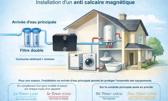 Installation d'un système anti calcaire magnétique pour prévenir la formation du calcaire dans une maison, avec filtre double et appareil Max Power.