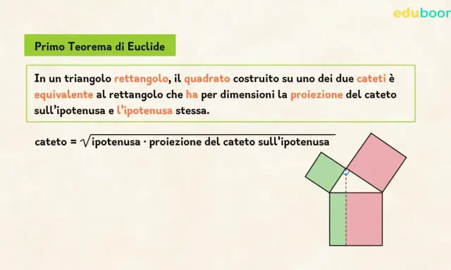 Il Primo Teorema di Euclide spiegato ai bambini: un triangolo rettangolo con quadrati sui cateti e un rettangolo sull'ipotenusa.