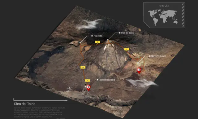 Trasa na Pico del Teide, najwyższy szczyt Teneryfy. Widok satelitarny z zaznaczonymi punktami i szlakiem.