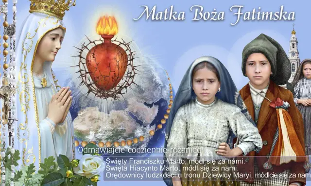 Matka Boża Fatimska w koronie, z Sercem ukoronowanym cierniem, wzywa do modlitwy. Dzieci Fatimskie i różaniec symbolizują nadzieję i modlitwę do Maryi od spraw niemożliwych.