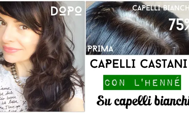 Prima e dopo: henné per capelli bianchi trasforma i capelli castani. Copertura del 75% dei capelli bianchi.