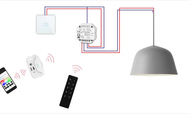 Schemat jak podłączyć ściemniacz oświetlenia. Pokazuje połączenie włącznika, modułu ściemniacza, lampy, pilota i smartfona.