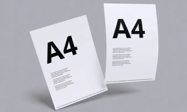 Dwa białe arkusze papieru formatu a9 z czarnym napisem "A4" i tekstem.