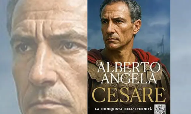 Copertina del libro "Cesare. La conquista dell'eternità" di Alberto Angela, con un primo piano dell'autore e un'immagine di Cesare in armatura.