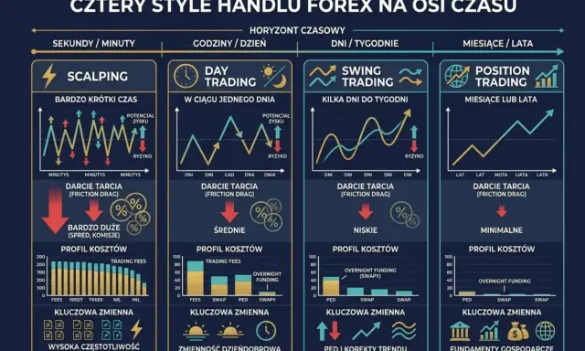 Cztery style handlu Forex: Scalping, Day Trading, Swing Trading, Position Trading. Wykresy pokazują sygnały giełdowe, ryzyko, koszty i kluczowe zmienne.