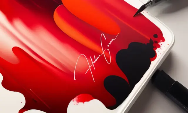 Signature blanche "Helena Garcia" sur fond abstrait rouge et noir, avec un pinceau et un marqueur.