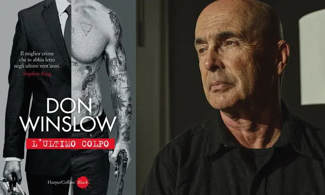Copertina di "L'ultimo colpo", l'ultimo libro di Don Winslow, con un uomo tatuato in giacca e cravatta e il ritratto dell'autore.
