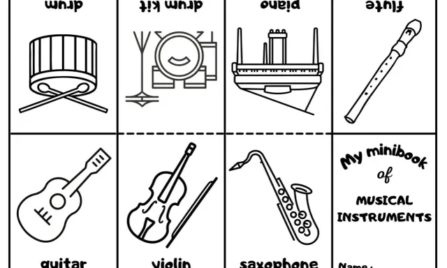 Kolorowanki instrumentów muzycznych: bęben, zestaw perkusyjny, pianino, flet, gitara, skrzypce, saksofon.