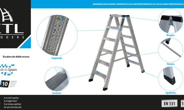 Detalle de las partes de una escalera: etiquetado, escalones, bisagras, tirantes y tapafinales.