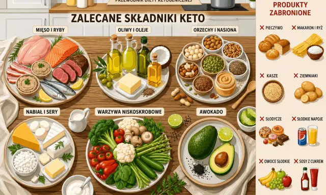 Ilustracja przedstawia stoły z produktami dozwolonymi i zakazanymi w diecie keto: mięso, ryby, nabiał, warzywa, awokado, orzechy, oliwy oraz zakazane pieczywo, makaron, ziemniaki, słodycze i owoce.