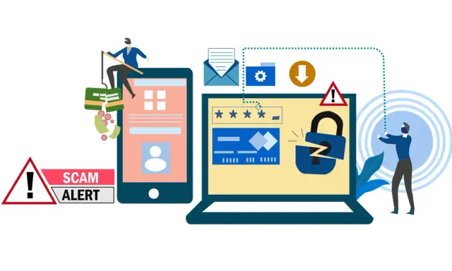 Warnung vor **phishing deutsch**: Ein Mann angelt nach Geld, während ein zerbrochenes Schloss auf einem Laptop Sicherheitsprobleme symbolisiert.