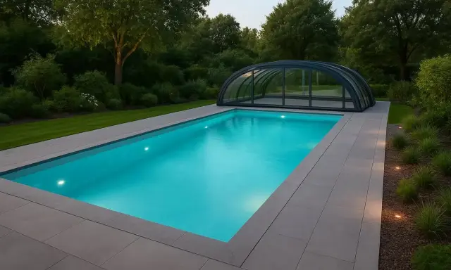 En modern pool med kupoltak, perfekt för pool inspiration i Sverige. Vackert belyst och omgiven av grönskande natur.