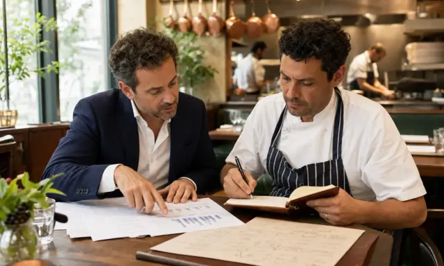 Un asesor de restaurantes revisa gráficos con un chef. Ambos están sentados en una mesa de madera, con el chef tomando notas en un cuaderno.