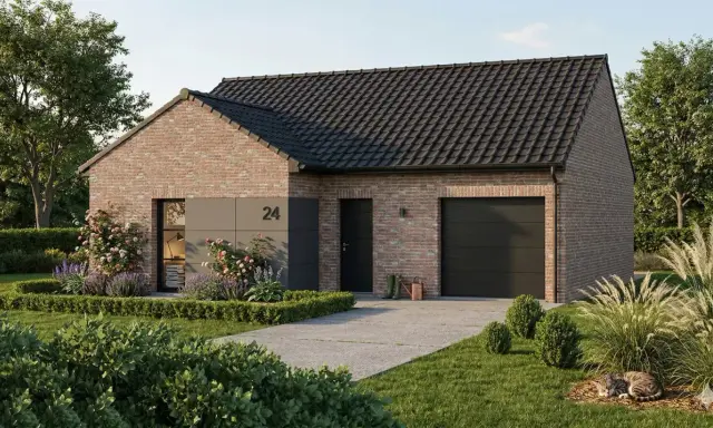 Construction d'une maison contemporaine en briques avec garage, jardin fleuri et un chat endormi.
