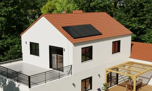 Maison blanche avec panneaux solaires sur le toit, terrasse et pergola. Une maison autonome en énergie, prête pour un avenir durable.
