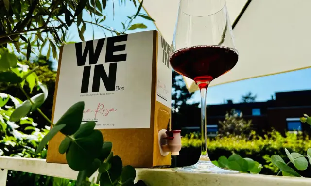 Ein Glas Rotwein steht neben einem Karton mit der Aufschrift "WE IN Box". Der Wein im Karton ist eine praktische Alternative zur Flasche.