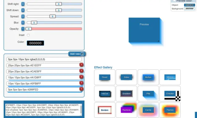 Generator CSS dla cienia. Ustawienia przesunięcia, rozmycia i koloru tworzą efekt cienia.
