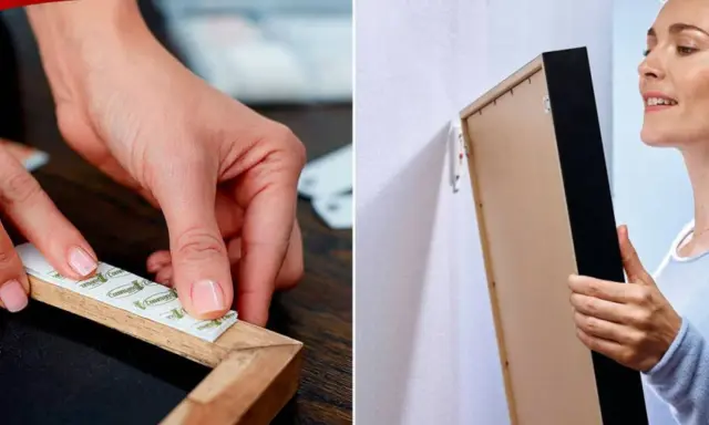 Manos aplican adhesivo a un marco de madera. Mujer alinea marco a pared. Guía visual de como colgar un cuadro sin clavos.