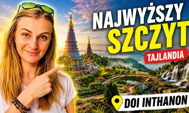 Uśmiechnięta kobieta wskazuje na Doi Inthanon, najwyższy szczyt Tajlandii, z pięknymi ogrodami i wodospadami w Chiang Mai.