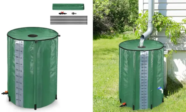 Barril verde para recoger agua de lluvia, con medidor de nivel y grifo. Ideal para el jardín.