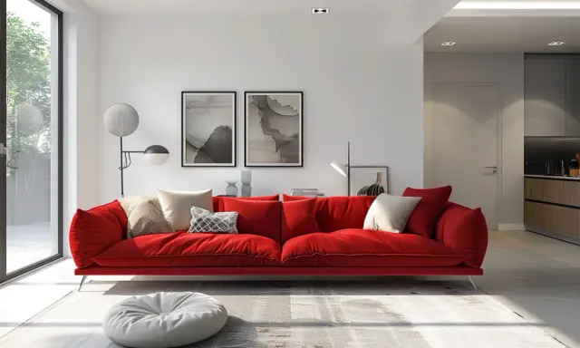 Un canapé rouge éclatant, orné de coussins aux tons neutres, invite à la détente. Une question se pose : quelle couleur associer avec un canapé rouge pour un intérieur harmonieux ?