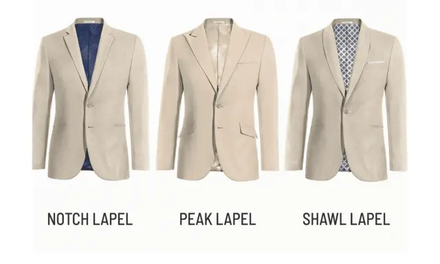 Three beige suit jackets showcase different suit lapel types: notch, peak, and shawl.