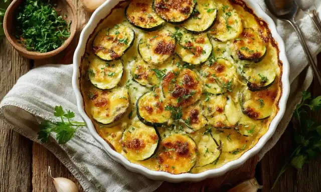 Ein goldbraun gebackener Zucchini-Auflauf mit Käse überbacken, garniert mit frischer Petersilie. Köstlich und einfach zuzubereiten.