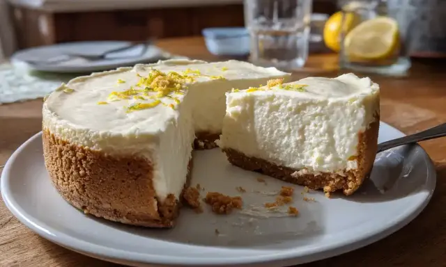En krämig, fryst cheesecake med citronskal på toppen står på ett fat. En bit är bortskuren.