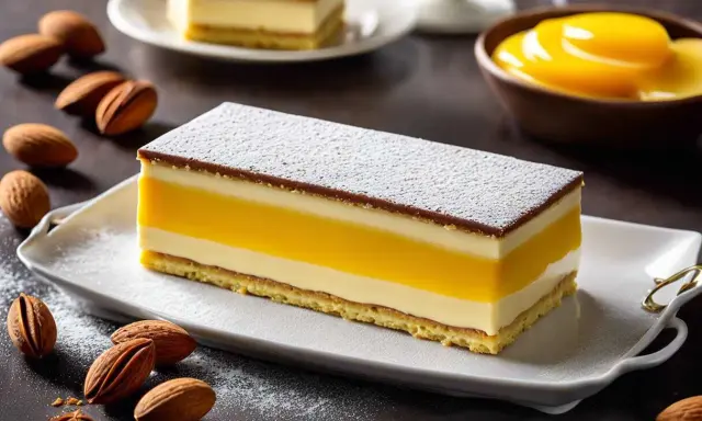 Un délicieux biscuit joconde pistache, aux couches crémeuses et fruitées, saupoudré de sucre glace.