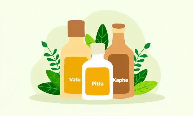 Trois bouteilles étiquetées Vata, Pitta et Kapha, entourées de feuilles vertes, symbolisant une infusion ayurvédique.