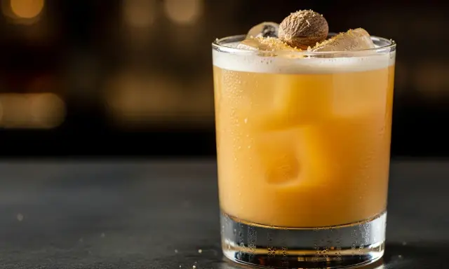 En gyllene drink med is, toppad med muskotnöt. En perfekt "painkiller drink" för att lindra törsten.
