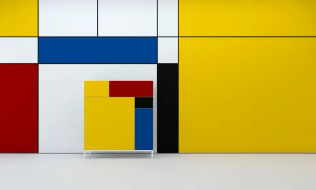 A cabinet in the style of De Stijl art, featuring primary colors and geometric shapes, stands against a wall with similar bold lines and blocks of yellow, red, blue, and white.