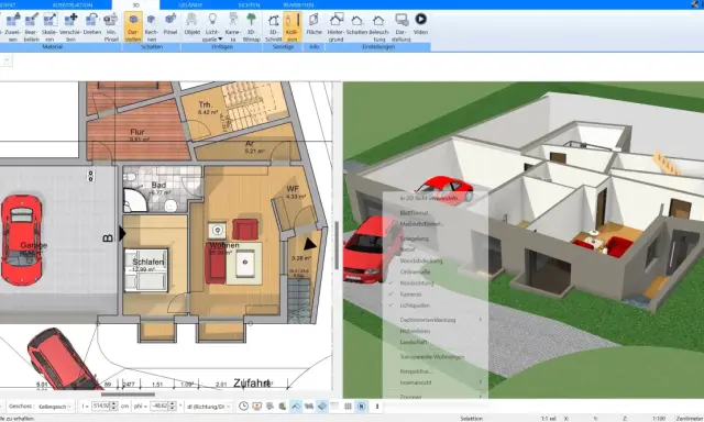 Grundriss altes Bauernhaus mit Garage, Wohnbereich, Schlafzimmer und Bad. 3D-Ansicht zeigt das Innere des Hauses.