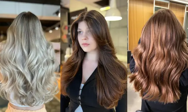 Trzy kobiety prezentują efektowne cieniowanie włosów: blond, brąz i rudy.