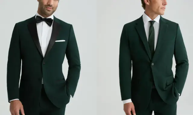Tuxedo vs suit: A man in a dark green tuxedo with satin lapels and a bow tie, next to a man in a dark green suit with a tie.