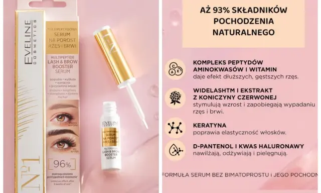 Złote serum do rzęs i brwi Eveline z aplikatorem i opakowaniem, porównanie przed i po.