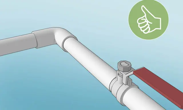 Instrucciones para como unir dos tubos de PVC con manguito. Se muestra un sistema de tuberías con una válvula y un pulgar hacia arriba indicando éxito.
