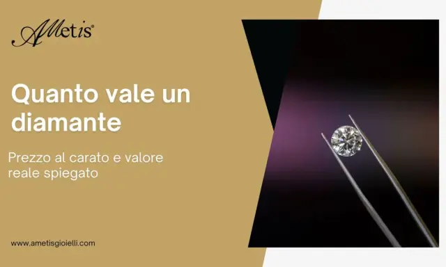 Un diamante scintillante tenuto da pinzette, con il testo "Quanto vale un diamante" e "Prezzo al carato e valore reale spiegato". Scopri a quanto corrisponde un carato.