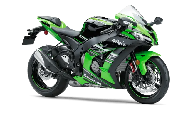 Zielony motocykl Kawasaki ZX-10R Ninja. Sprawdź kawasaki zx-10r dane techniczne, aby poznać jego moc i osiągi.