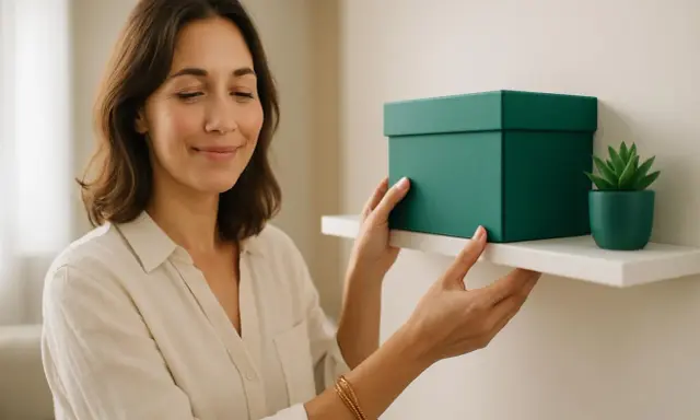 Donna sorride mentre sistema una scatola verde su una mensola, allontanando la negatività in casa con un tocco di ordine e serenità.