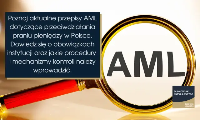 Lupa powiększa napis AML, symbolizując analizę przepisów dotyczących przeciwdziałania praniu pieniędzy.