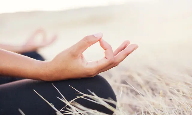 En hand i mudra-position under aum meditation, omgiven av torrt gräs.