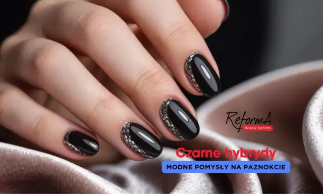 Eleganckie paznokcie czarny french z brokatowym zdobieniem. Modne pomysły na hybrydy.