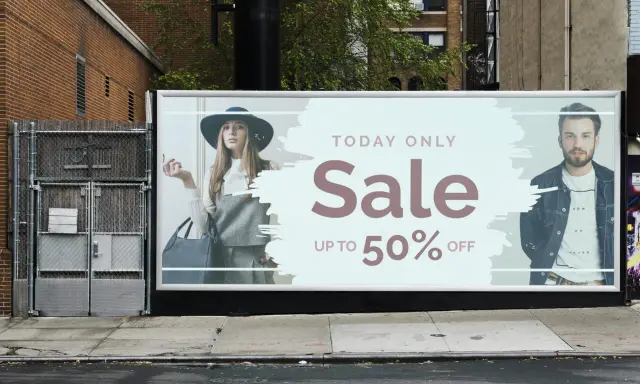 Sztuka plakatu: reklama wyprzedaży do 50% OFF z modelką i modelem.