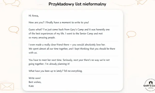 List nieformalny od Kate do Anny, opisujący wspaniałe doświadczenia z Gary's Camp i plany na przyszłość.