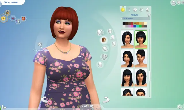 Tworzenie postaci w The Sims 4. Kobieta z rudymi włosami i kwiecistą sukienką wybiera nową fryzurę z dostępnych opcji.