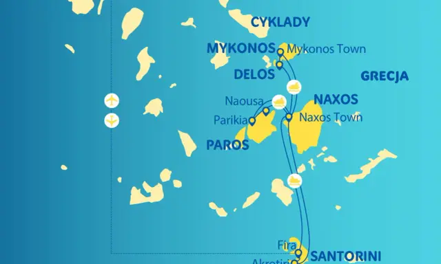Mapa Cyklady: podróż po greckich wyspach Mykonos, Delos, Paros, Naxos i Santorini.
