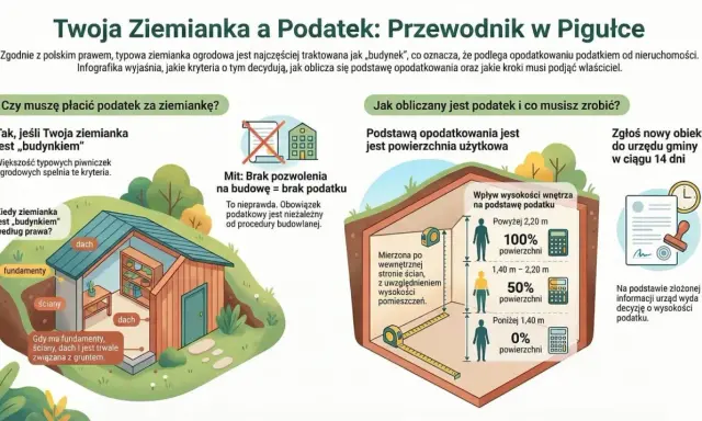 Ilustracja wyjaśnia, kiedy ziemianka w lesie jest traktowana jak budynek i podlega podatkowi. Podstawa opodatkowania to powierzchnia użytkowa.